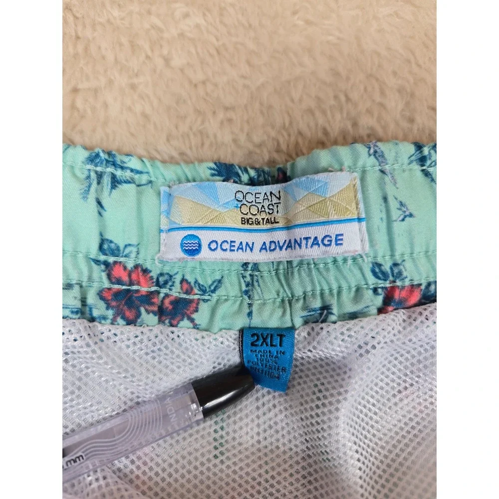 Ocean Coast Big & Tall‎ Mens 2XLT Swim Trunks Tropical Palm Hibiscus Aqua Blue